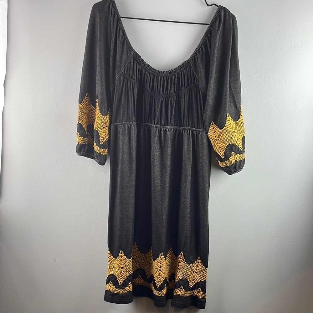 Uncle Frank Black and Gold Embroidered Boho Dress Size M